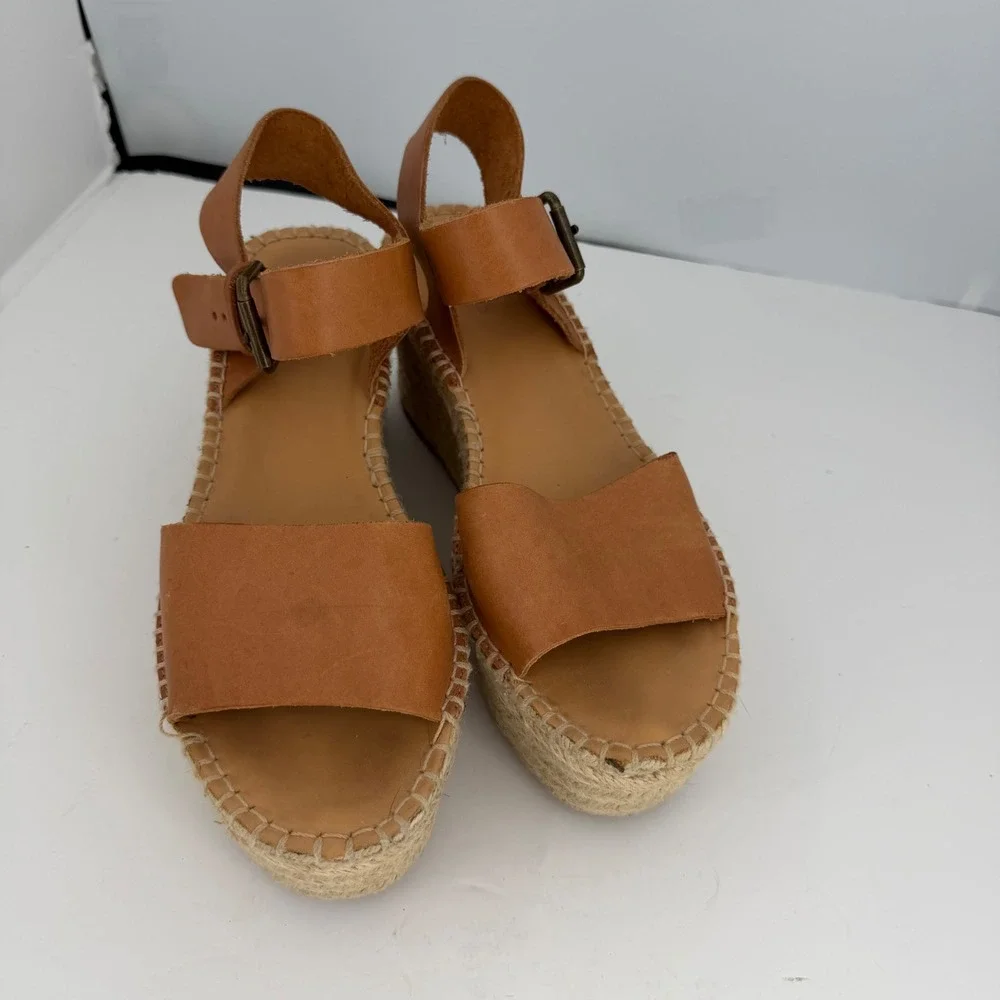 Soludos Minorca Platform Espadrille Sandals Tan Leather Boho Coastal Wedge 40